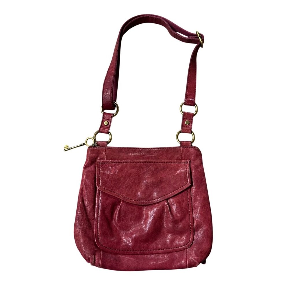 Fossil Red Leather Crossbody Purse 1954 Adjustable Strap Brass Accents READ - Picture 3 of 15